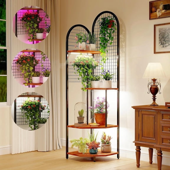 Plant Stand Indoor with Grow Lights, 4-Head & 3-Color LED Corner Plant Stand, 63" Tall Plant Shelf for Indoor Plants, Metal Flower Display Rack for Home Decor, Black