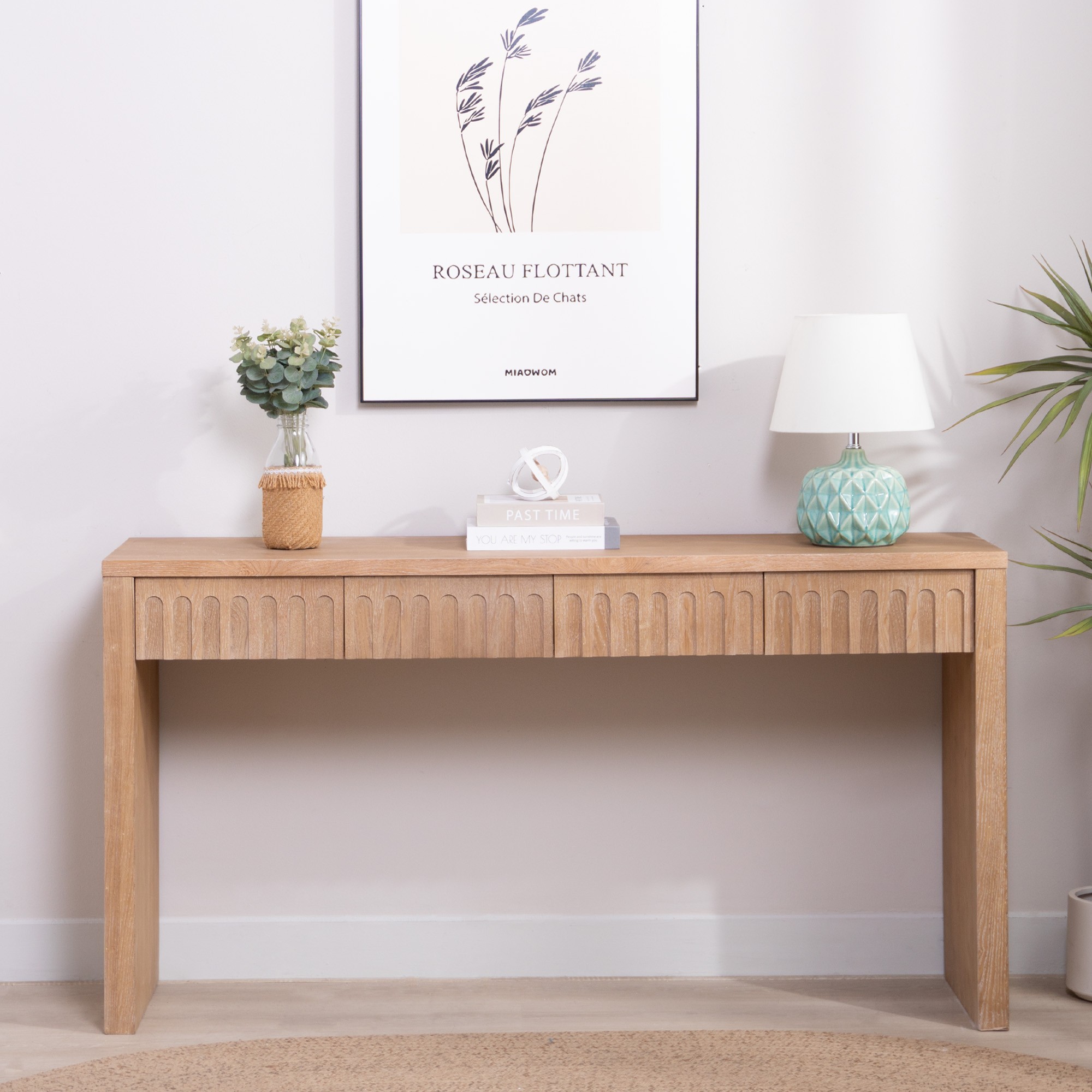Modern Console Table with 4 Drawers, 59.2" Entryway Table (Natural)