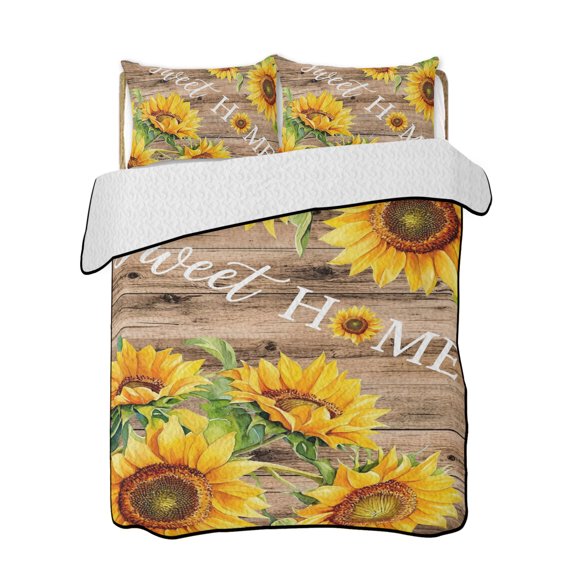 Twin XL Quilt Bedding Set, Sunflowers Farmhouse Reversible Summer Quilt 3 Pieces, Country Botanical Floral Wooden Lightweight Bedspreads Coverlets with 2 Pillow Shams for All Seasons