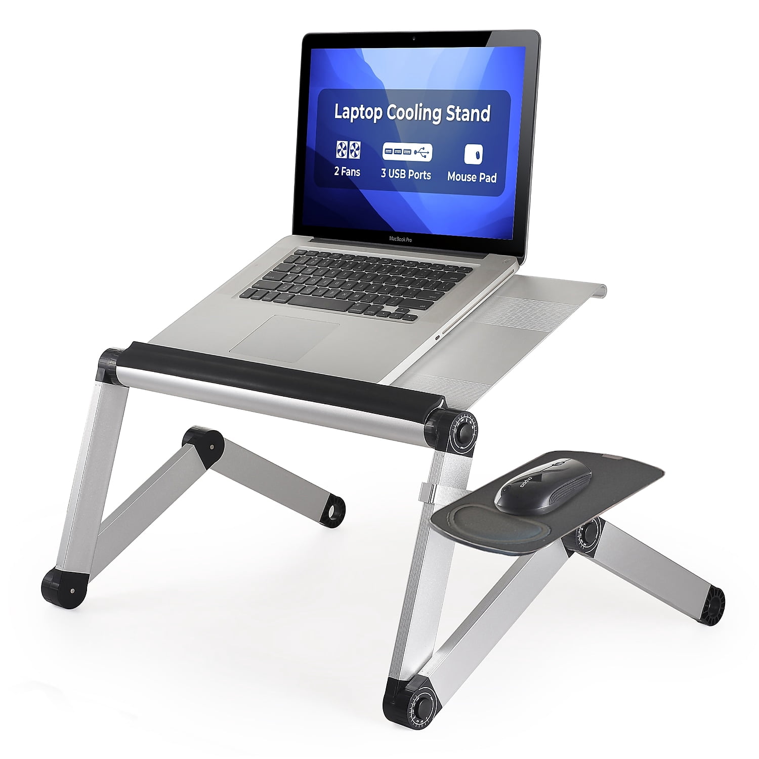 WorkEZ Cool Adjustable Laptop Cooling Stand with Dual Fans, 3 USB Ports & Mouse Pad – Portable Aluminum Laptop Desk for Bed, Couch, or Standing Workstation (Silver)