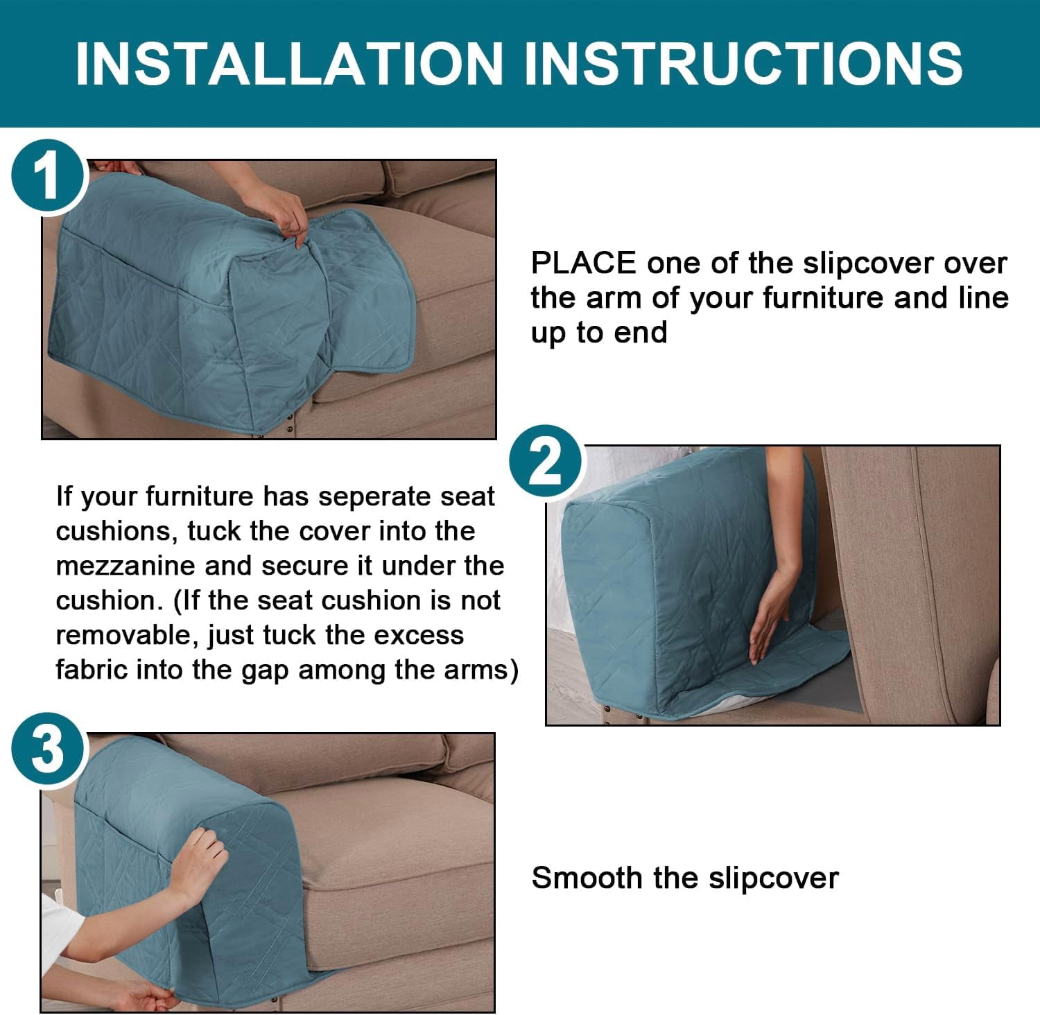 2 Pack Waterproof Armrest Covers for Chairs and Sofas Armrest Covers Couch Arm Covers for Sofa with Side Pocket Anti-Slip Furniture Protector Washable Armrest Slipcovers(Blue)