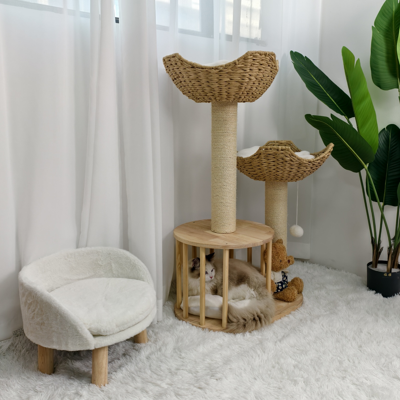 BingoPaw Wood Cat Tower Tree 3-tier Cat House Tree Activity Tower Condo Furniture with Plush Cushion