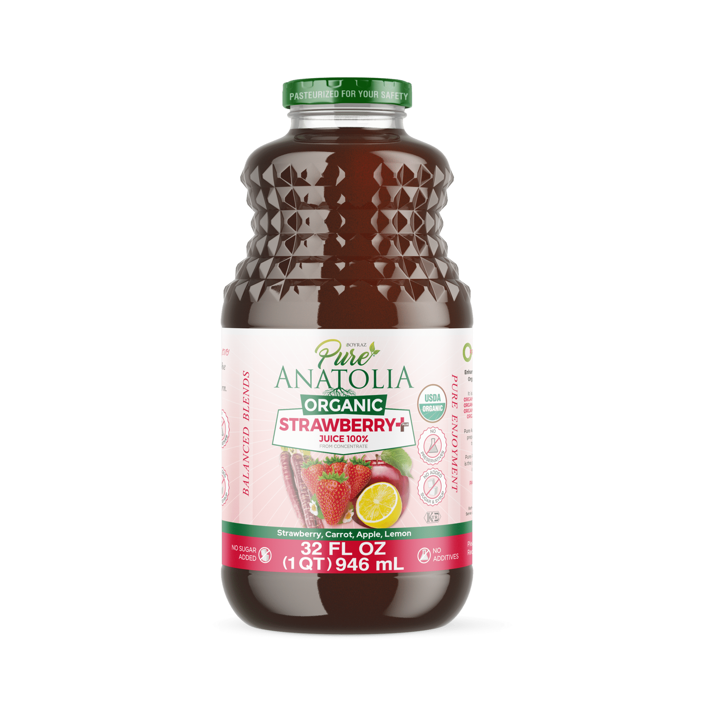(6 pack) Pure Anatolia Organic Strawberry Juice, 32 Fl Oz Glass Bottle