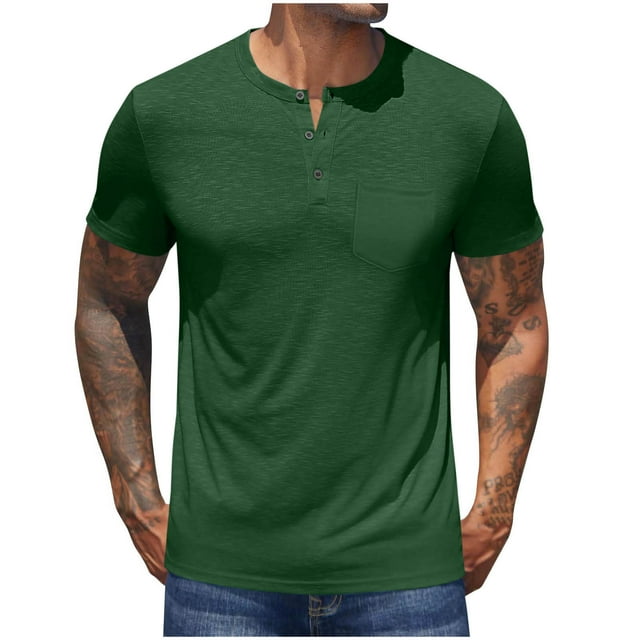 Besolor Men's Short Sleeve T-Shirt Classic Crew Neck Button Casual Solid Color Summer Basic Tees Shirt