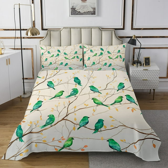 Erosebridal Green Bird Coverlet Set Queen, Branches Leaves Bedding Set, 3 Pieces