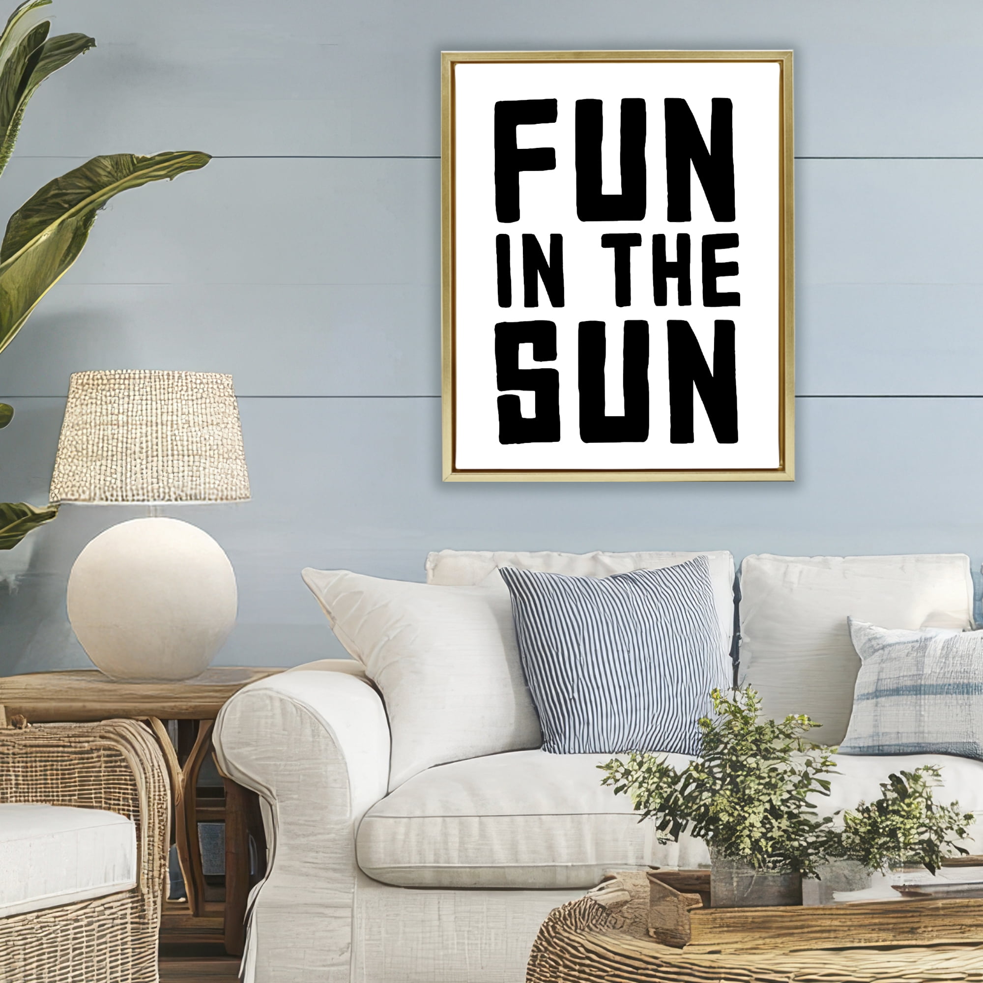 Fun In Sun Simple Sentiment Gold Framed Floater Canvas Wall Art, design by Lettered and Lined