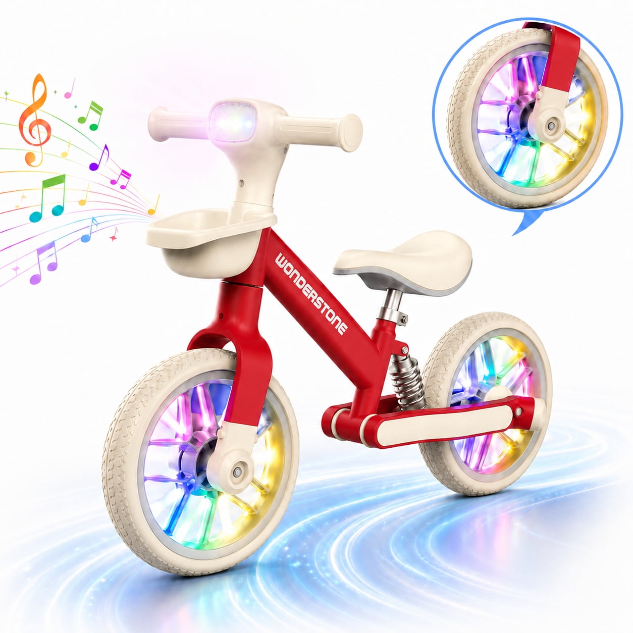 Wonderstone 10 Balance Bike for Kids with Colorful Lights/Music Adjustable Seat Ride-On Toy with 2 Silent Wheels Outdoor Toddler Training Bike for Boys and Girls Aged 2&ndash;6 Red