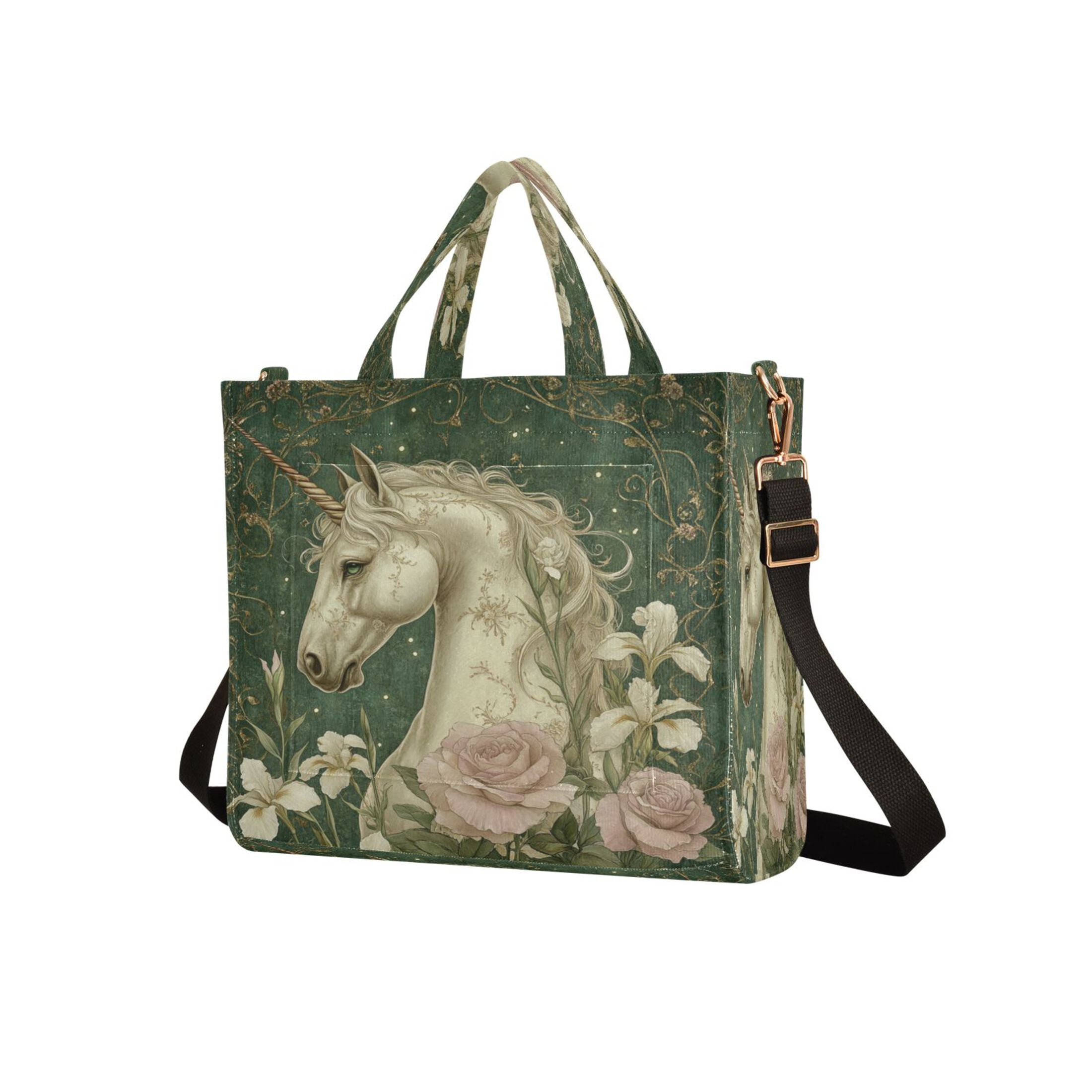 Wobogo Retro Unicorn Corduroy Tote Bag for Women Travel Crossbody Bag Purse Women Shoulder Bags Work Handbags Daily Commuter Bag 10.2×9inch