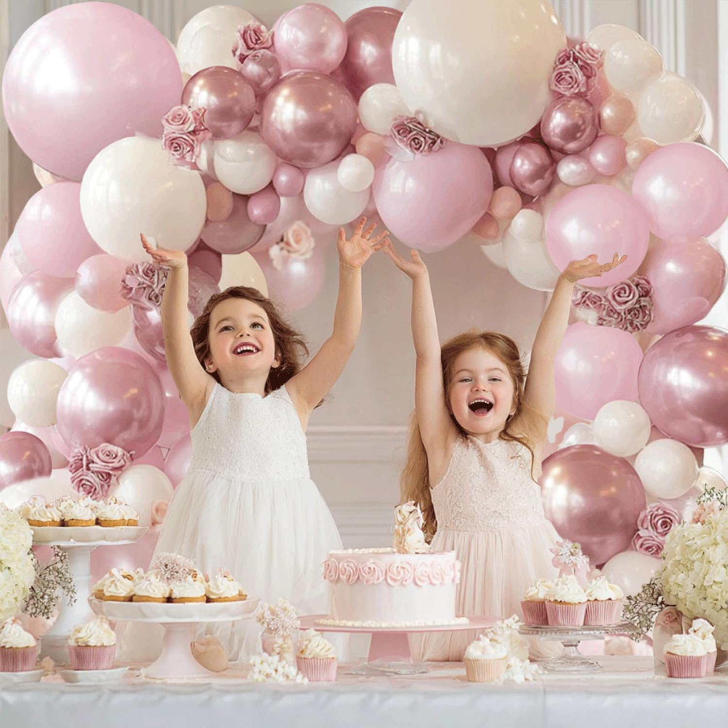 Pink and White Balloons Arch Kit,Double Stuffed Pearl Light Pink Metallic Pink Balloon Sand White Beige Ivory Balloons Garland for Birthday Wedding Valentine's Day Bridal Shower Party Decor
