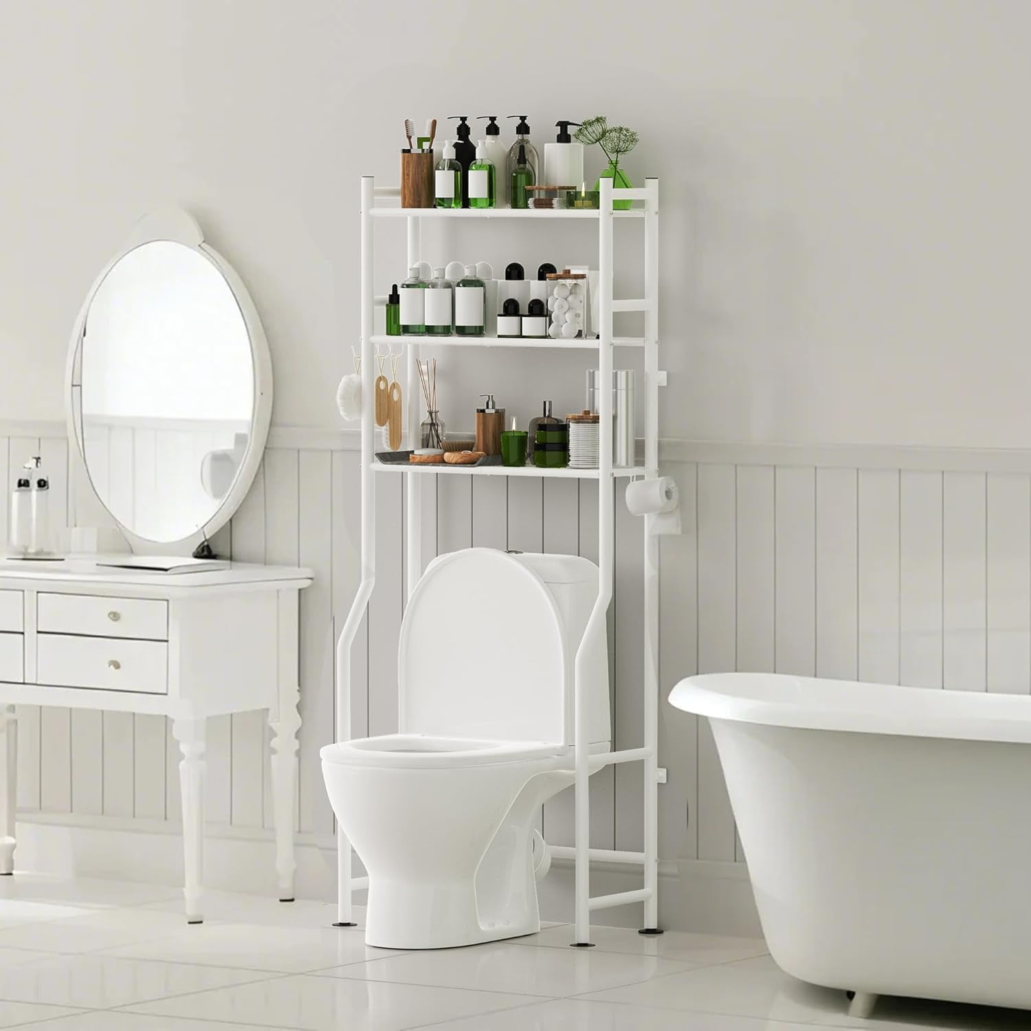 3-Tier Over The Toilet Storage with Paper Holder, Metal Bathroom Organizers and Storage for Small Space, Freestanding Bathroom Shelves with 4 Hooks, Above The Toilet Storage Shelf, Black