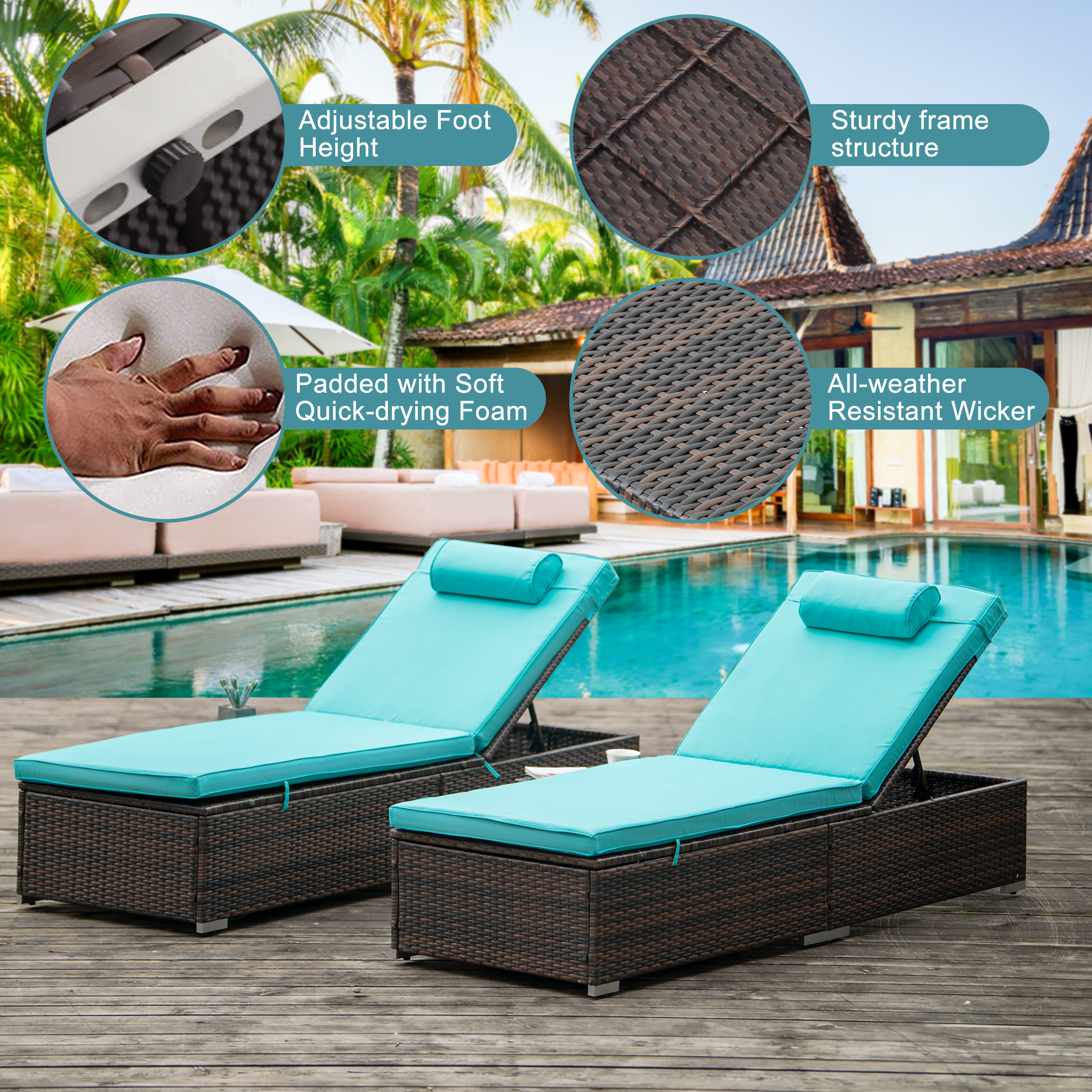 2 Pieces Outdoor Patio Lounge Furniture Set, Poolside Reclining PE Rattan Chaise Recliners with Side Table, Tempered Glass Top Coffee Table, Brown PE Wicker and Blue Cushions, SS2341 - image 2 of 8