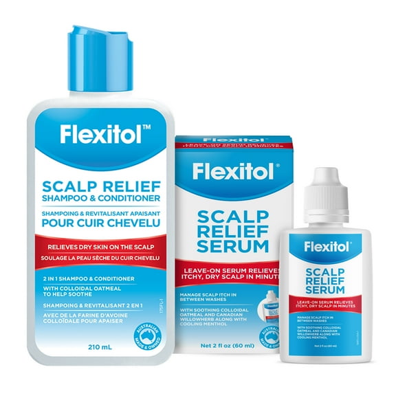 Flexitol Itch Relief Bundle, Scalp Serum 2 oz + 2-in-1 Shampoo & Conditioner 7.1 oz, 2% Colloidal Oatmeal, Hydrating Care for Dry Head, Itchy Skin and Flakes