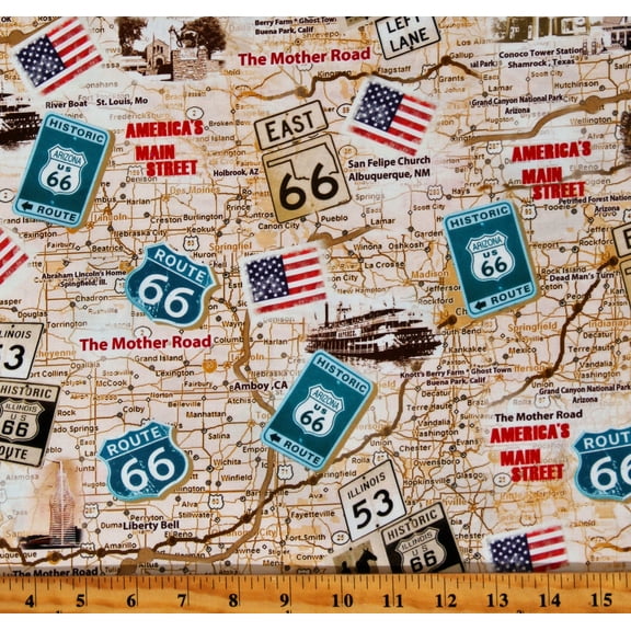 Cotton Vintage Route 66 Antique Map Road Trip Travel Cotton Fabric Print by the Yard (MICHAEL-CD3060-NEUTRAL)