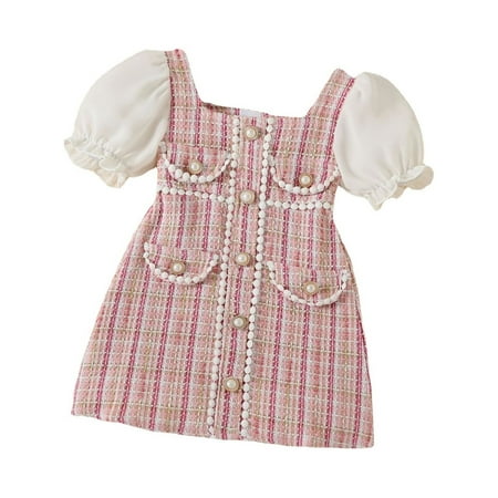 

Little Girl Dress Kids Toddler Baby Girls Short Bubble Sleeve Patchwork Plaid Pearl Princess Outfits