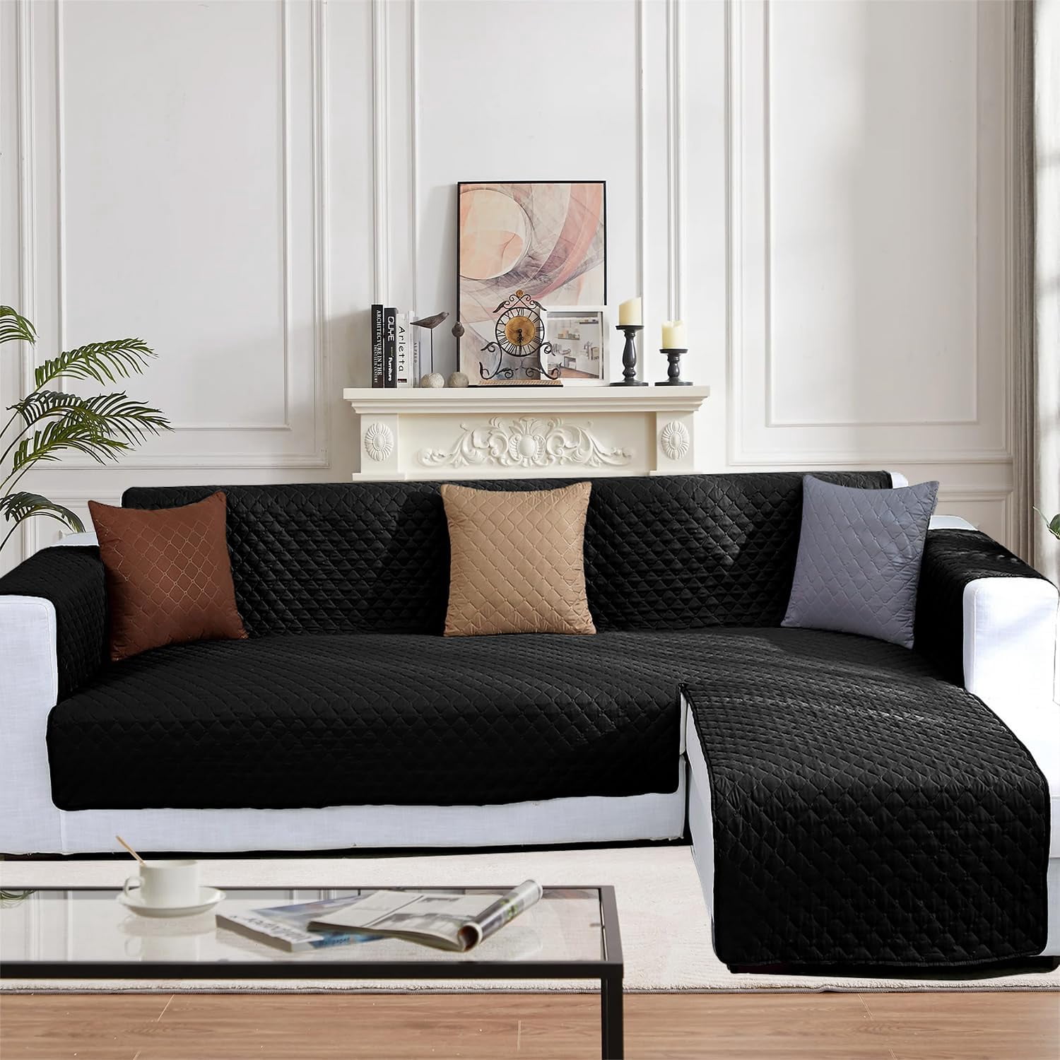 L Shape Sofa Slipcover Reversible Sectional Couch Cover Chaise Lounge Cover Furniture Protector Cover,Medium Size,Black