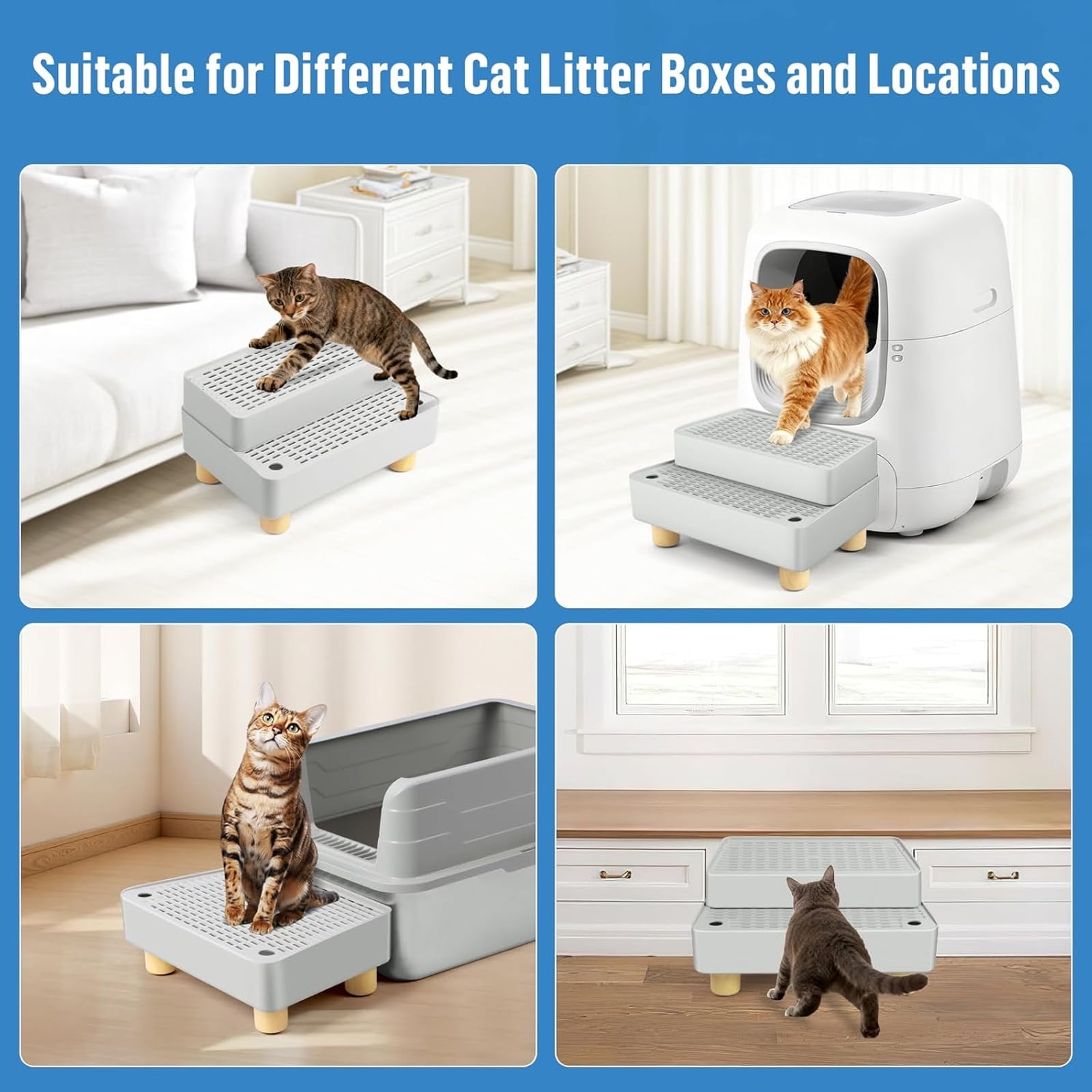 Petyoung Cat Litter Box Step,Cat Litter Catcher Mat with Wooden Feet, Filter Function, for Kitten & Elderly Cats (Light Grey)