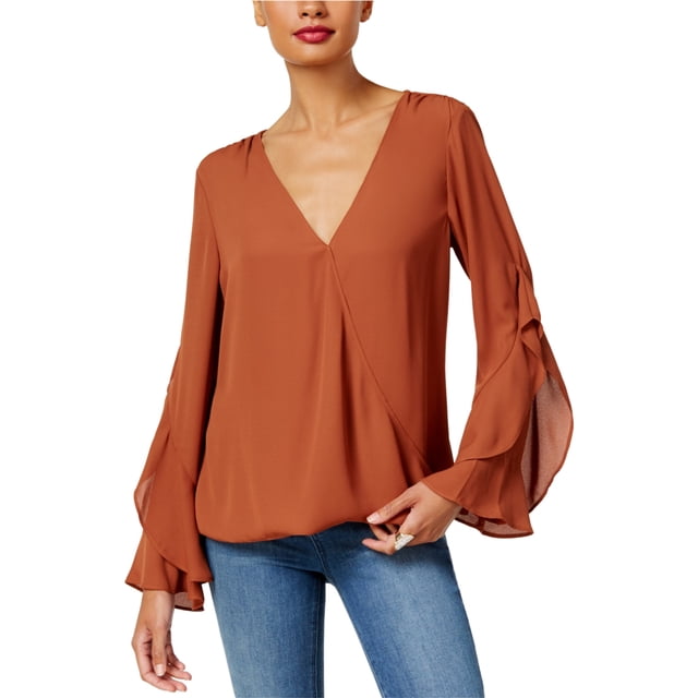INC Blusa de punto con volantes para mujer, marrón, mediana I-N-C Tejer