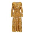 thumbnail image 3 of Odeerbi Dresses for Women 2025 Fashion Crewneck Floral Printed Slim Long Sleeves Ankle-length Dress Yellow, 3 of 6