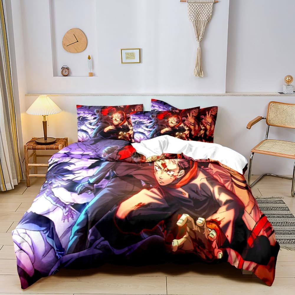 Anime Jujutsu Kaisen Duvet Cover Bedding Set,3D Anime Soft Comfortable Quilt Cover Twin Full Queen King Size with Pillowcases (Color 1, Twin)