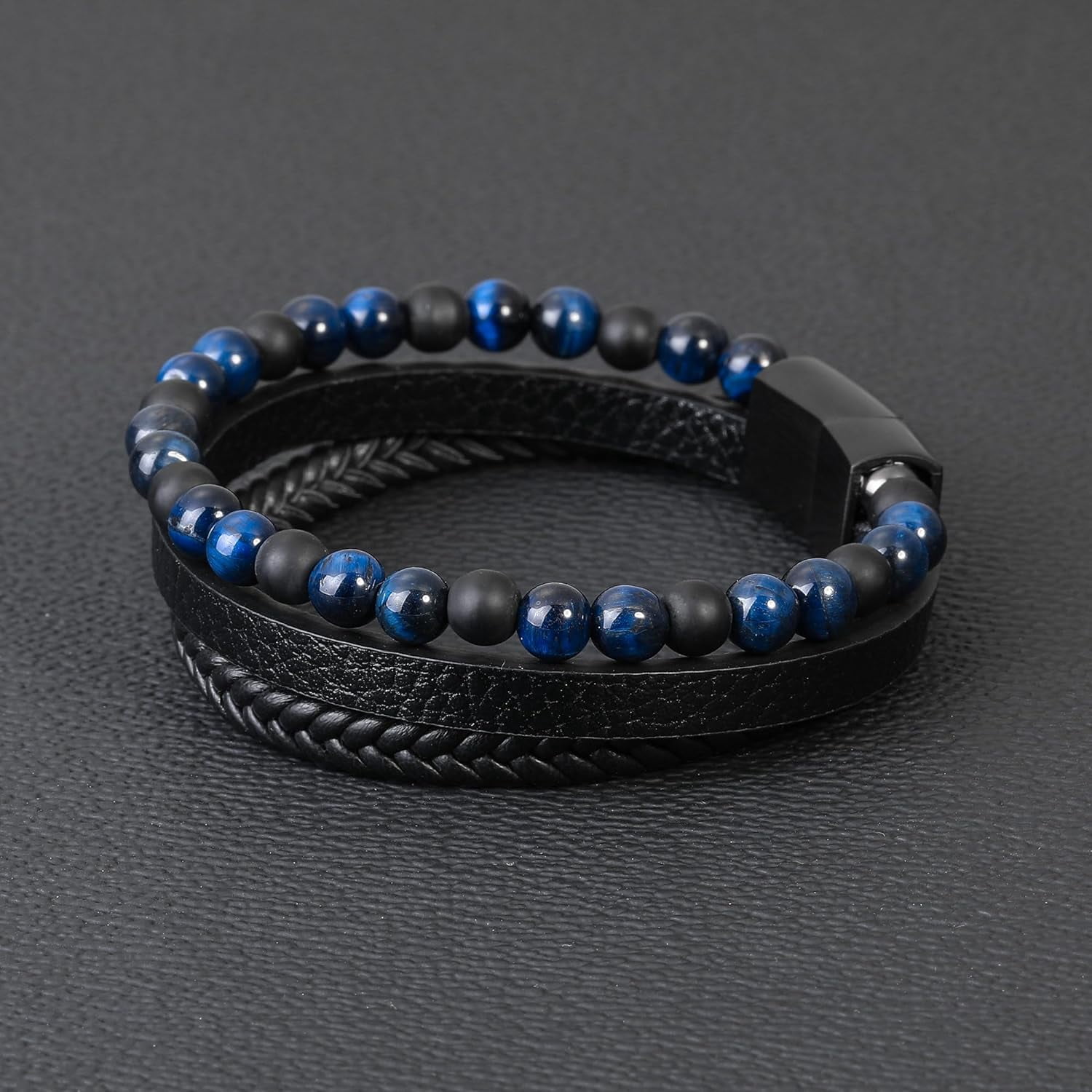Men's Layered Leather Bracelet With Tiger Eye & Lava Stone | Adjustable Magnetic Clasp Beaded Bracelet For Stress Relief