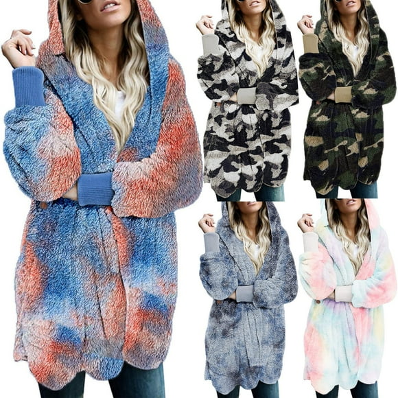 EGNMCR Womens Plaid Shacket Jacket, Long Sleeve Button Down Fleece Hooded Jackets, Warm Coat Women's Faux-Fur Shaggy Winter Coat Long Sleeve Open Front Outwear Hooded Jacket Women Coat
