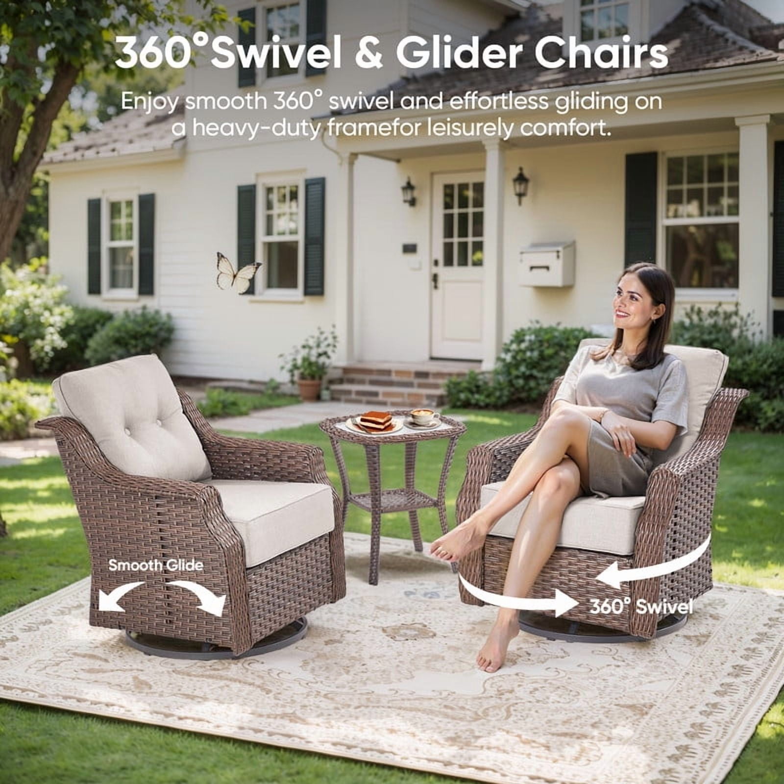PARKWELL 7 Pieces Outdoor Patio Furniture Set with Fire Pit Table,Luxury 6" Thick Conversation Set with Swivel Glider Chairs,All-Weather Seating Furniture Set for Backyard Deck, Brown/Beige