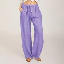 Fznquz Wide Leg Womens Casual Pants Linen Trousers Solid Color Drawstring Loose Elastic Waist Purple Trousers L