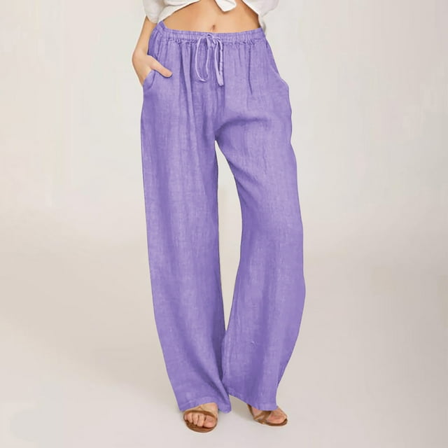 Meichang Linen Pants for Women Drawstring Elastic Waisted Wide Leg Pants Loose Fit Solid Color Lounge Pants Summer Trouser with Pockets