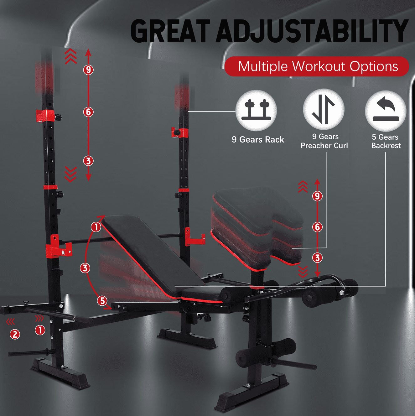 PUATUL 1500LBS 6 IN 1 Olympic Weight Bench Set with Leg Extension/Curl, Bench Press Set with Preacher Curl and Squat Rack for Home Gym Workout