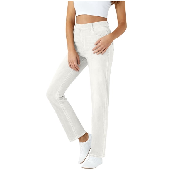 Pxkloy Faux Jeans for Women Elastic Waist Stretchy Pull On Trousers Slim Fit Solid Denim Ankle Pants with Pockets White,L