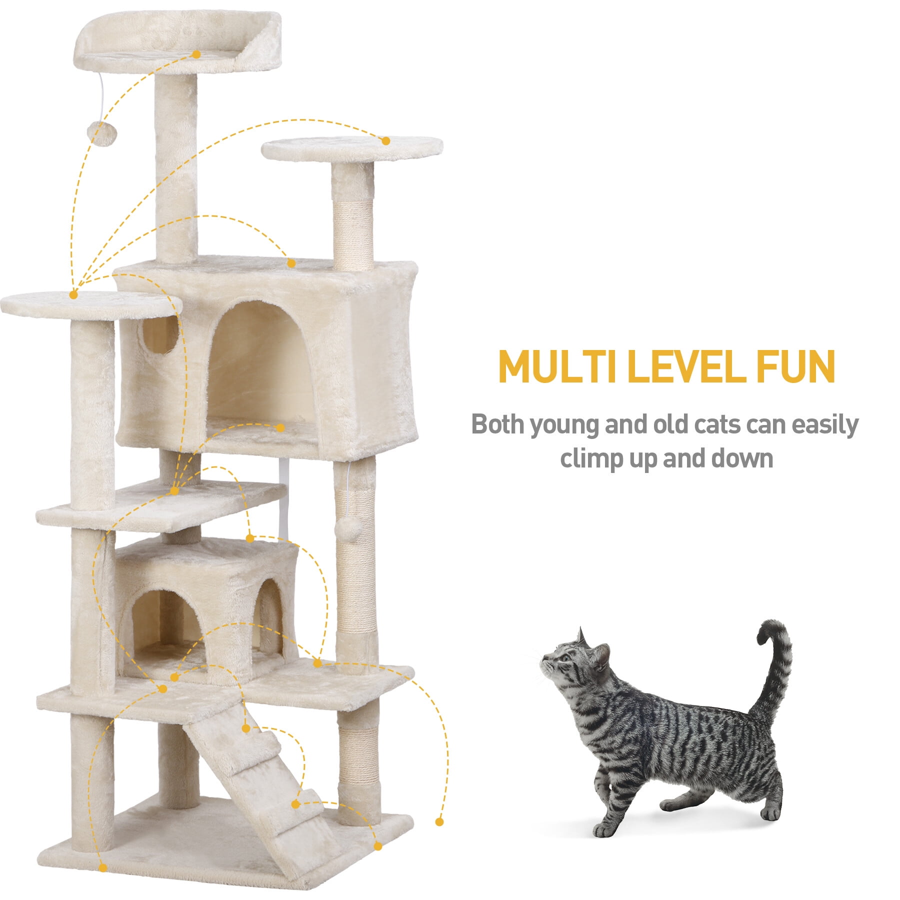 ZENSTYLE 53" Cat Tree Scratching Post Condo Tower Pet Kitty Playhouse, Beige
