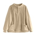 thumbnail image 4 of YAYUBA Women Fall Henley Snap Button Stand Collar Sweatshirt Long Sleeve Pocket Loose Oversized Casual Pullover Tops Size XXL, Beige, 4 of 4