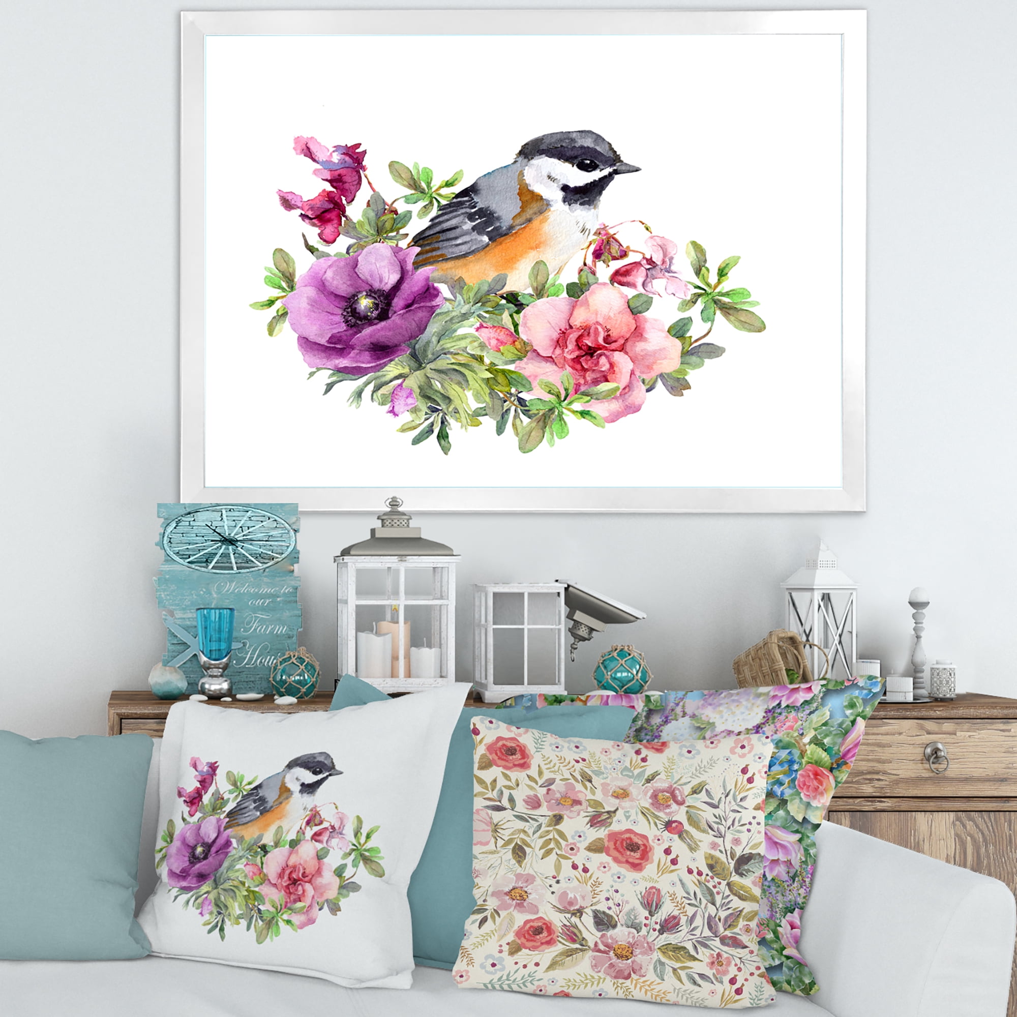 Designart 'Cute Bird In Purple and Pink Flowers' Traditional Framed Art Print