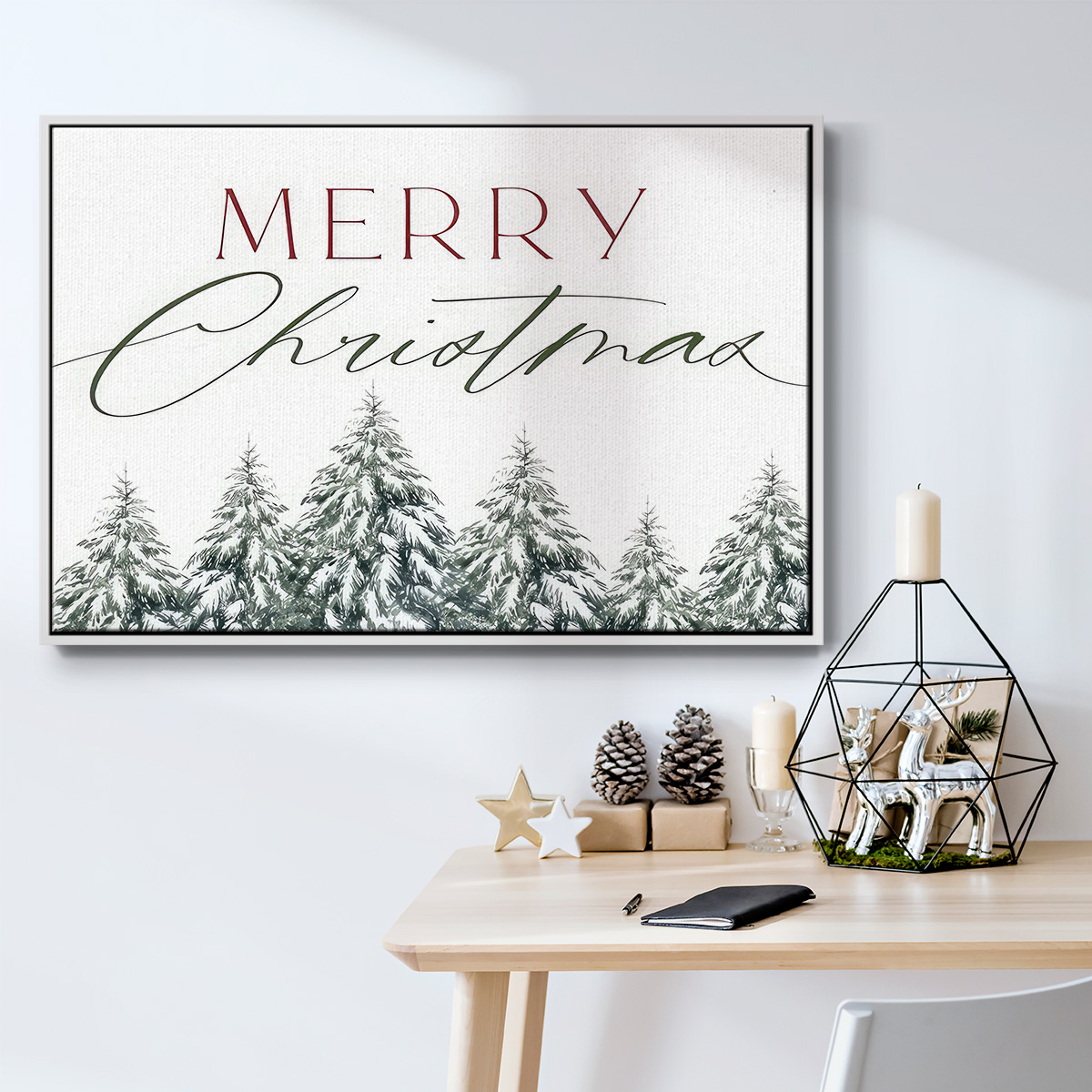 Merry Christmas Trees - Framed Gallery Wrapped Holiday Canvas - 27 x 41 - White Frame