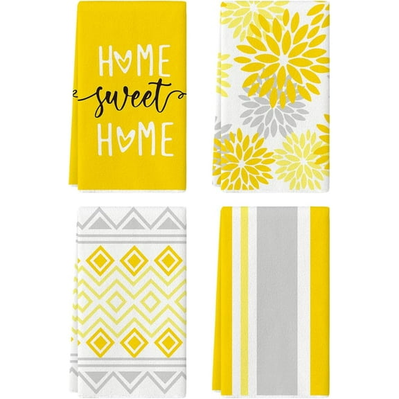Yellow Stripes Home Sweet Home Boho Summer Kitchen Towels Dish Towels, 18x26 Inch Seasonal Decoration Hand Towels Set of 4
