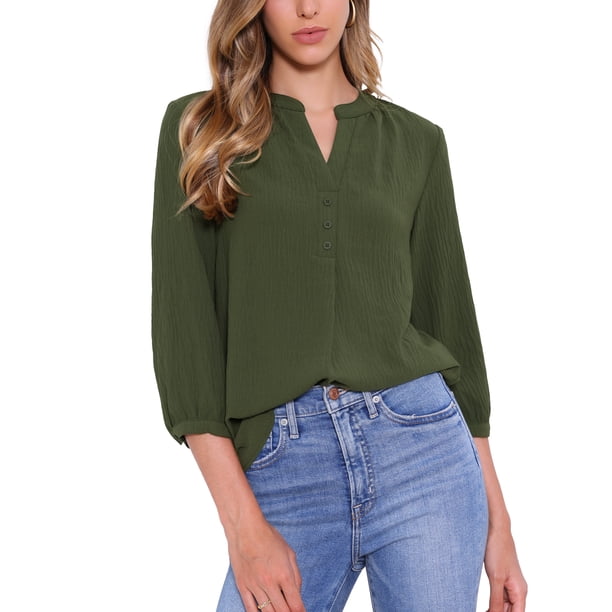 Camisa de botón V con cuello en V Inspire Chic para mujer, blusa casual de manga 3/4 con ribete plisado, color verde militar