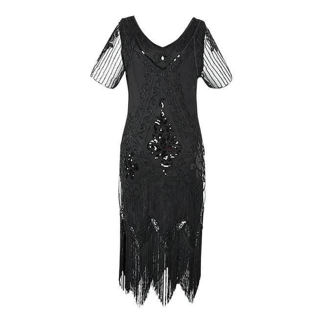 EGNMCR Robes de Soirée pour Femmes, Robes Formelles pour Femmes, Robes de Cocktail pour Femmes Robe à Col en V à Manches Courtes à Paillettes avec Franges de Bal Robe de Fête Banquet Robe de Danse Robe Courte Robe pour Femmes