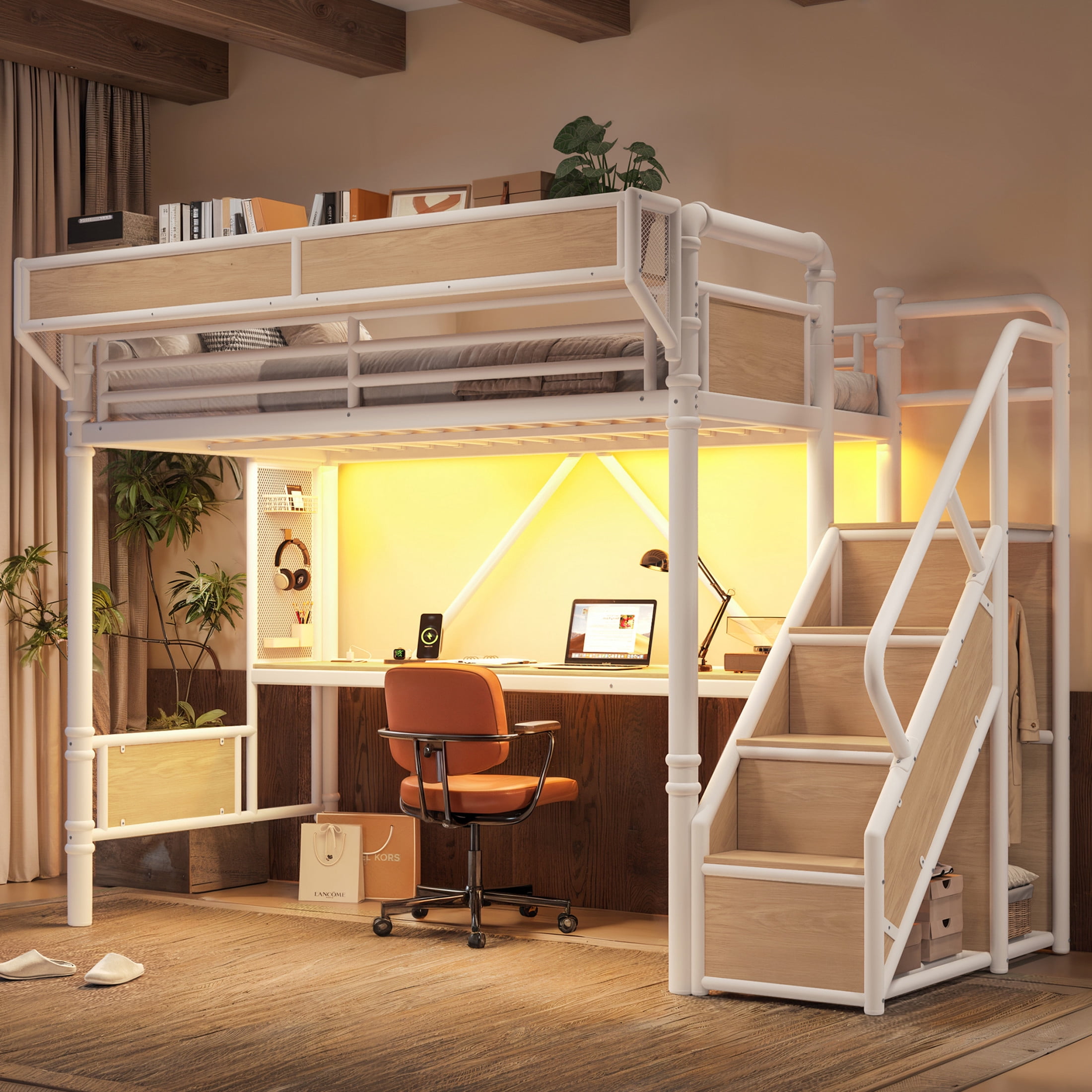 GDF Studio Twin XL Metal Loft Bed with Desk, Power Outlet, LED Light, Storage & Wardrobe, White