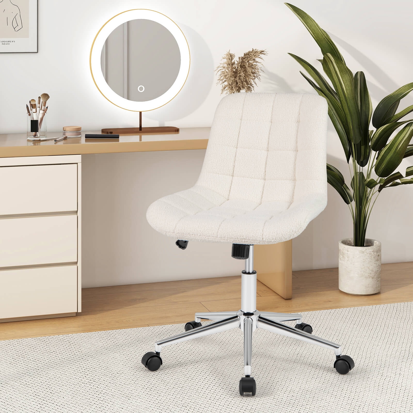 Costway Upholstered Armless Office Chair with Adjustable Height & Wheels for Small Spaces White