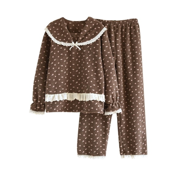 Enjoytime Pajama Sets for Women 2 Piece Cute Printing Turndown Collar Long Sleeve Blouses Pants Loungewear Fall Winter Warm Cozy Sleepwear