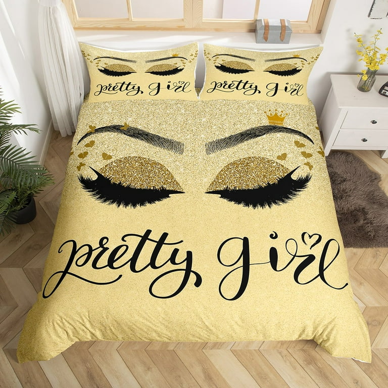 Girly Eyelash Duvet Cover for Women Purple Unicorn Eyelash Bedding Set King Size No Real Sequin Comforter Cover Girls Makeup Eye Butterfly Bed Sets