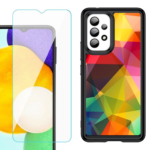 Shockproof Bumper (Black Frame) phone Case for Samsung Galaxy A23 5G, with Tempered Glass Screen Protector, by OneToughShield ® - Polygon