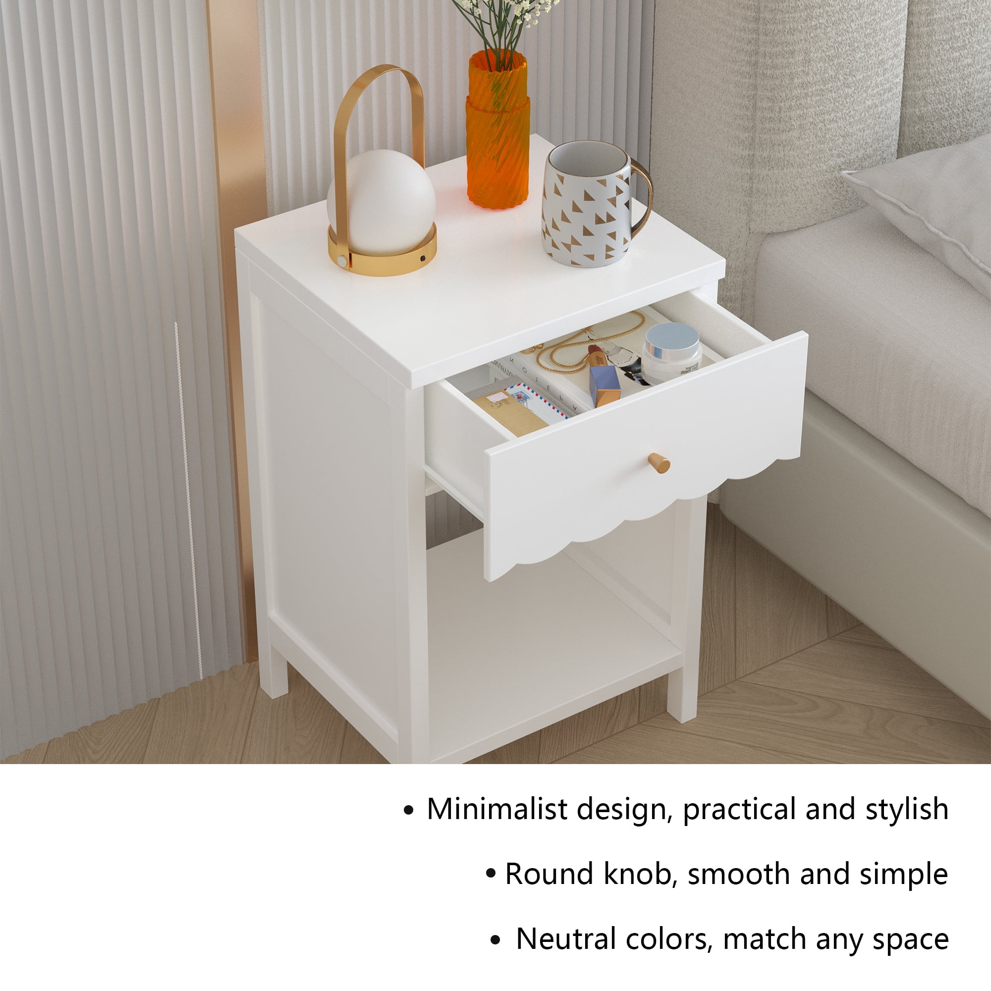 Modern White Nightstand with Drawer & Open Shelf, Scalloped Edge Bedside Table, Minimalist Cute Side Table for Bedroom Kids Room Girls Room