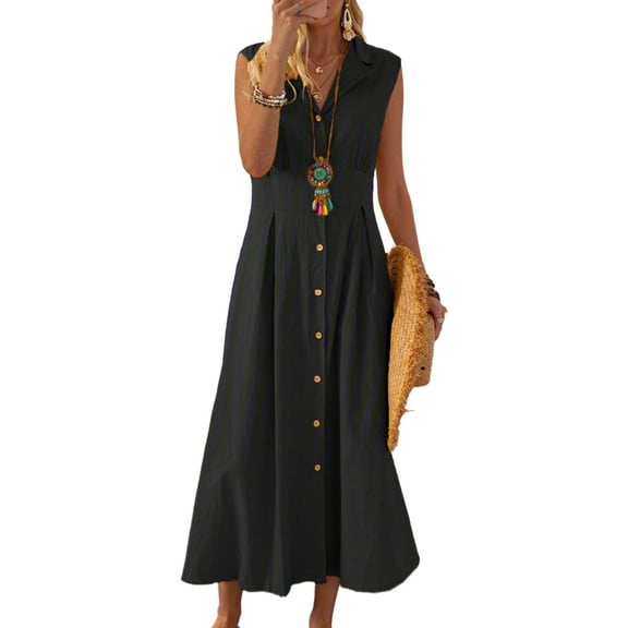 TheFound Summer Dresses for Women Loose Cotton Turn-Down Top Shirt Dress Ladies Knee Midi Sundress Maxi Dresses