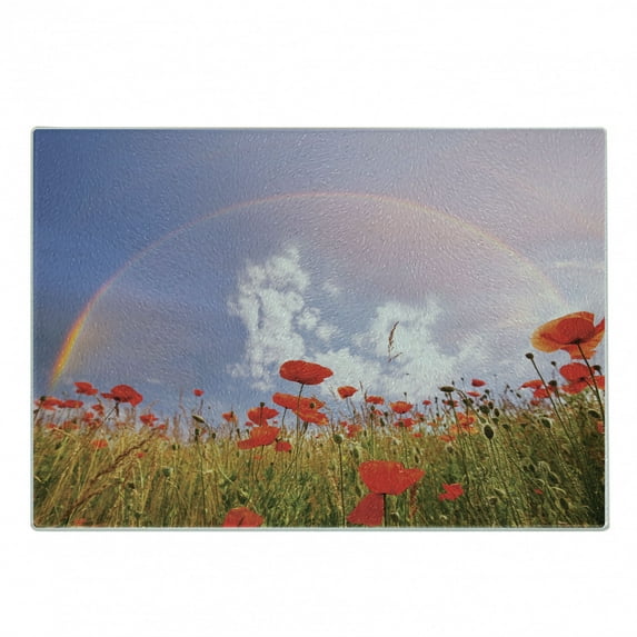 Poppy Flower Cutting Board, Meadow with Poppies and Rainbow Reflection in Air Sky Happiness Concept, Decorative Tempered Glass Cutting and Serving Board, Small Size, Red Green Blue, by Ambesonne