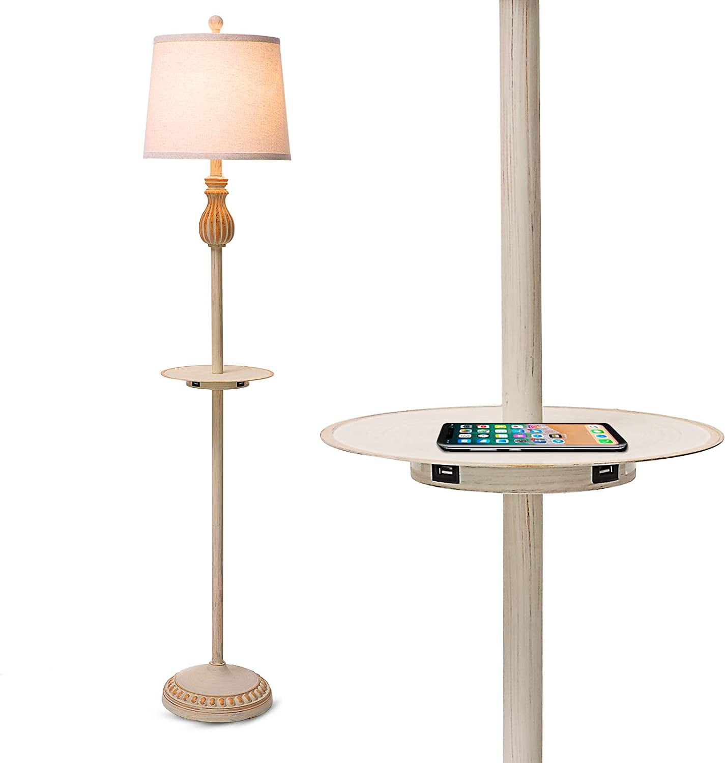 USB Floor Lamps, Farmhouse Floor Lamp with Tray Table and USB Ports, Rustic Vintage Resin