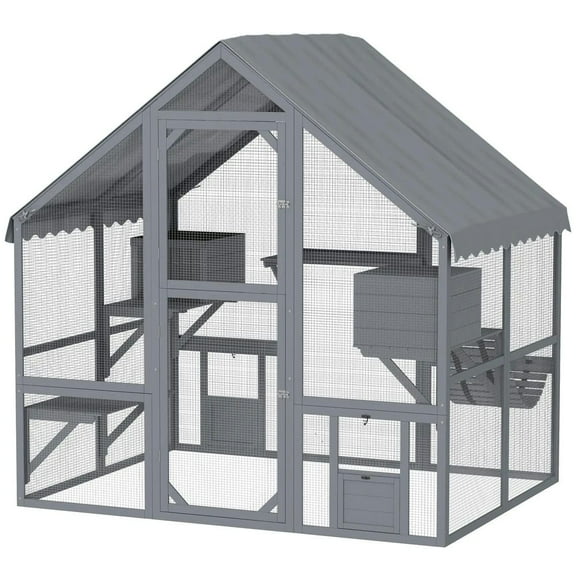 Topcobe Wooden Catio Outdoor Cat Enclosure with Waterproof Cover, 2 Condos, 4 Platforms, Bridge, Doors, Outdoor Wooden Feral Cat Shelter, Gray