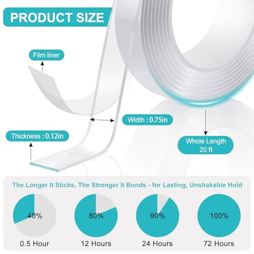 Quivanta Double Sided Tape Heavy Duty 0.75in×20ft, Nano Tape Double Sided, Removable Traceless Two Sided Adhesive Tape, Clear Mounting Tape Double Sided Tape for Walls, Hanging Picture,Poster,Carpet