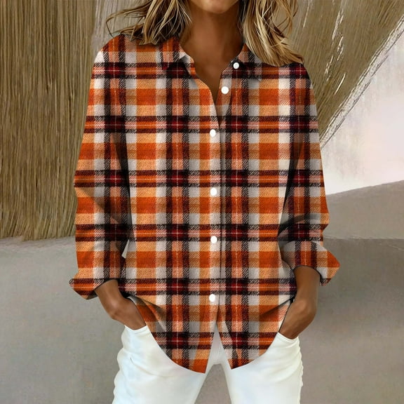 Endives Women's Long Sleeve Shirts Fashion Casual Plaid Printed Button Womens Tops