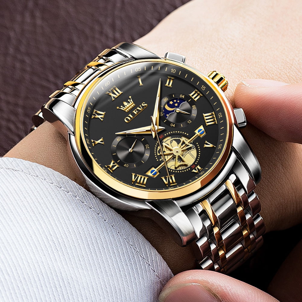 OLEVS Mens Watches Chronograph Business Dress Quartz Stainless Steel Waterproof Luminous Date Wrist Watch For Men Black Dial